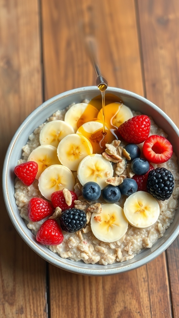 Oatmeal Bowl Recipe for a Healthy Breakfast A colorful oatmeal bowl topped with bananas, berries, and nuts on a wooden table.